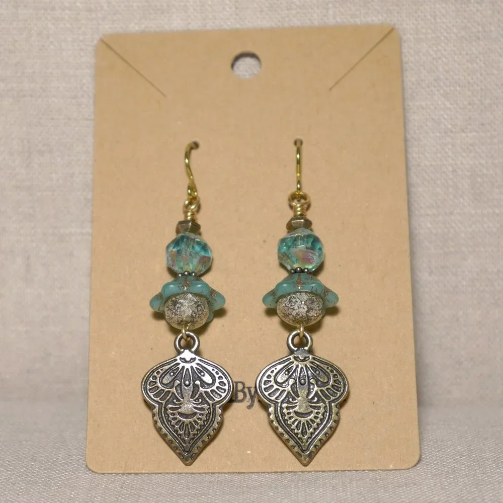 Hand Crafted Handmade Earrings Teal and Aqua Czech Glass & Brass Mehndi-… - Picture 2 of 4